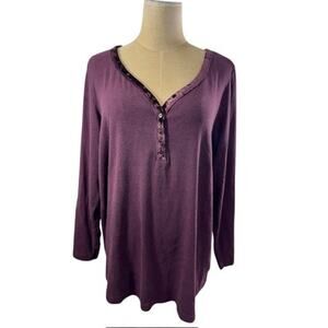 "SUNDAY" Purple Henley Button Shirt Velvet Trim SZ 2X Dark Romance Comfy Cozy
